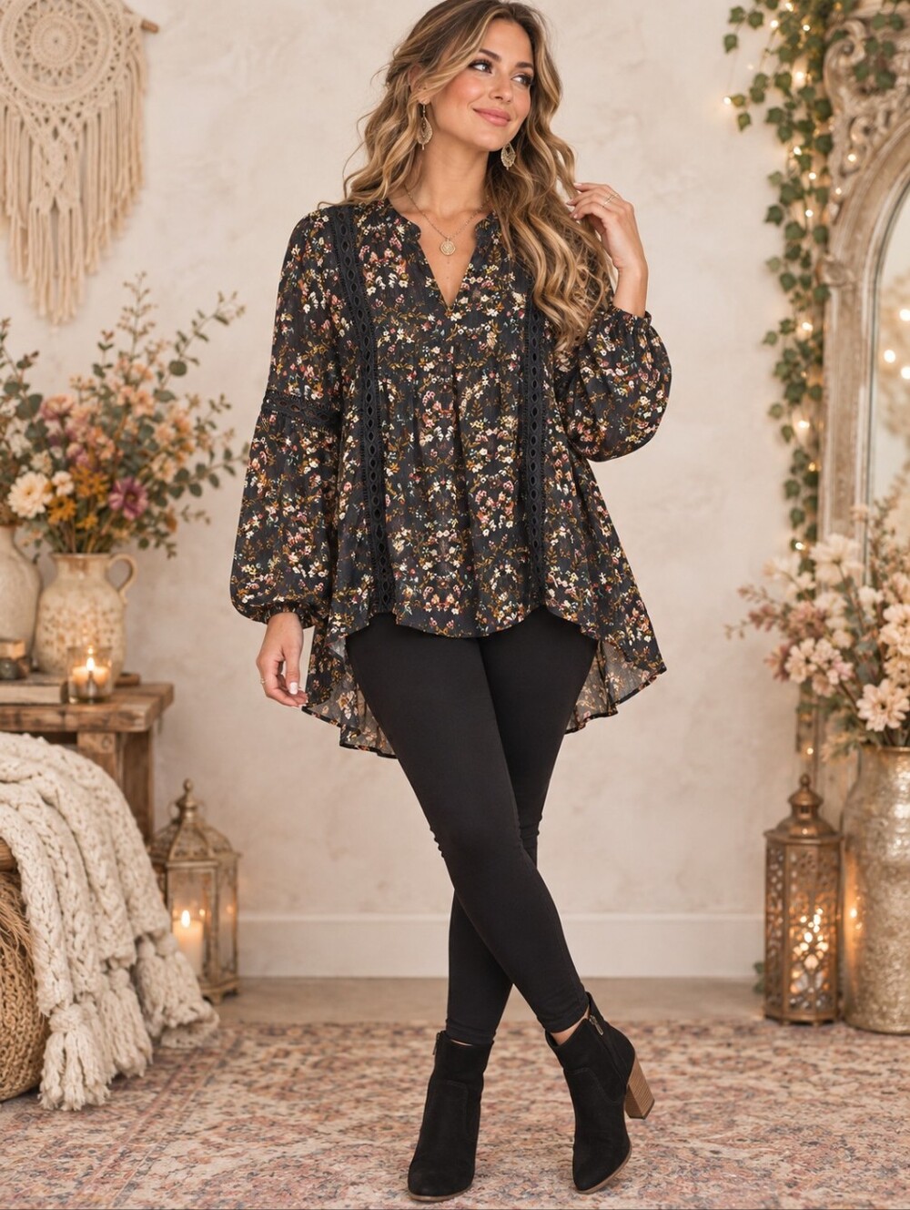 Blu Pepper Floral Embroidered Top Long Sleeve V-Neck Feminine Romantic Whimsical